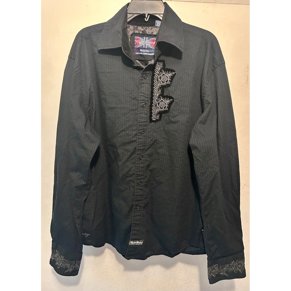 English Laundry Men Black Gothic Embroidered Button Down Shirt Large Crest Eagle